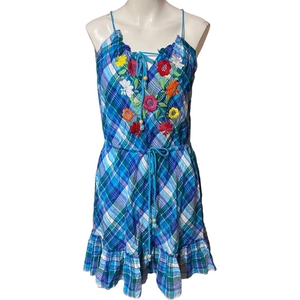 Uncle Frank Blue Plaid Dress Floral Embroidered Size XS